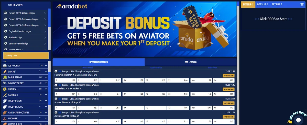 Arada Bet homepage showing the sports list, a deposit bonus banner and live odds for UEFA Champions League Women matches