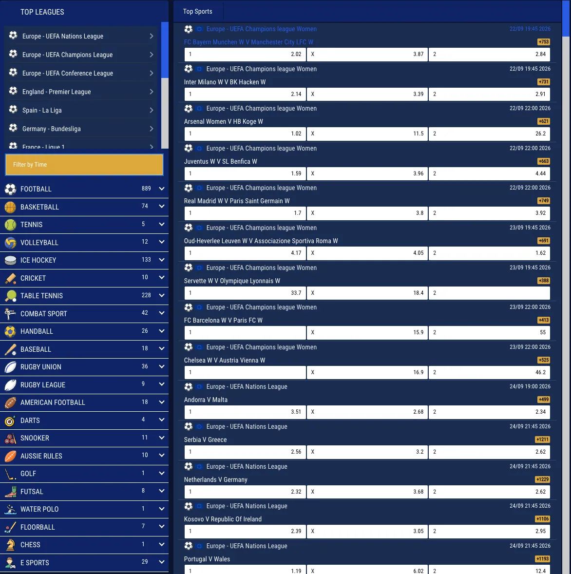 Arada Bet sports list sidebar showing match counts across football, basketball, tennis, ice hockey and other sports