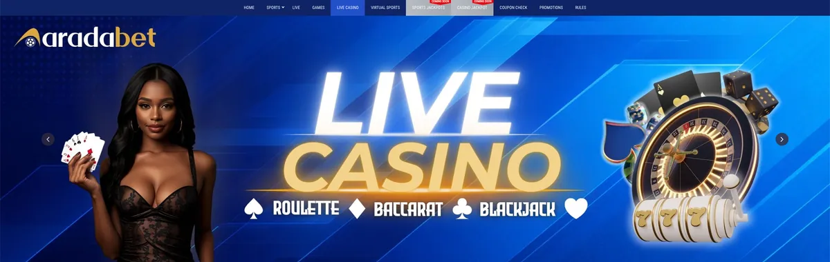 Arada Bet Live Casino landing page with roulette, baccarat and blackjack banner and full site navigation